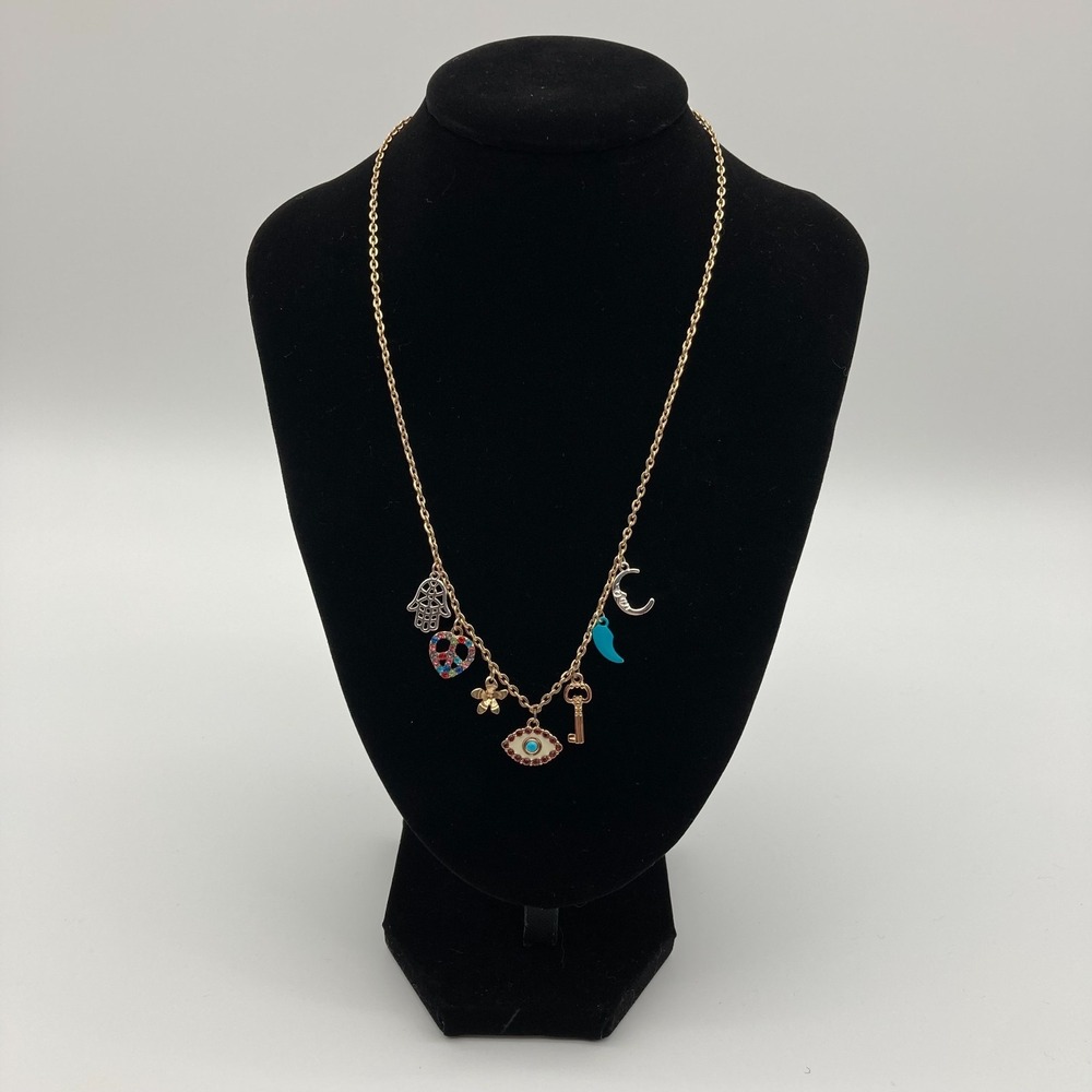 BCBGeneration Gold Multi Charm Necklace - Evil Eye Hamsa Heart Boho Jewelry